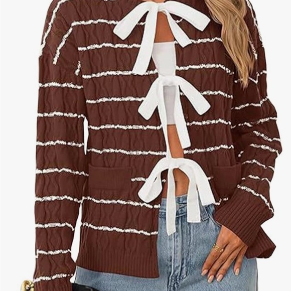 NWT - Zesica Women’s Small Open Front Striped Cardigan Sweater  Brown & White - Picture 2 of 14